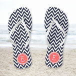 Navy and Coral Chevron Monogram Thongs<br><div class="desc">Custom printed flip flop sandals with a stylish modern chevron pattern and your custom monogram or other text in a circle frame. Click Customise It to change text fonts and colours or add your own images to create a unique one of a kind design!</div>
