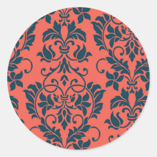 Navy and Coral Damask Wedding Envelope Seal