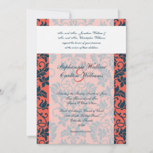 Navy and Coral Damask Wedding Invitation