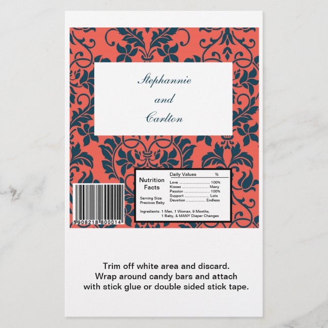Navy and Coral Damask Wedding Large Candy Bar Wrap (Front)