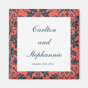 Navy and Coral Damask Wedding Magnet Favour