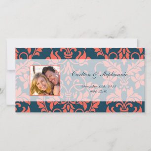 Navy and Coral Damask Wedding Photo Announcement