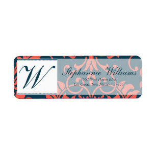 Navy and Coral Damask Wedding Return Address Label
