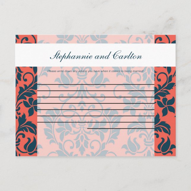 Navy and Coral Damask Wedding Writable Advice Card (Front)