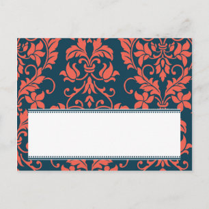 Navy and Coral Damask Wedding Writable Place Card