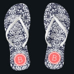 Navy and Coral Floral Damask Monogram Thongs<br><div class="desc">Custom printed flip flop sandals with a stylish elegant floral damask pattern and your custom monogram or other text in a circle frame. Click Customise It to change text fonts and colours or add your own images to create a unique one of a kind design!</div>