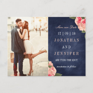 Navy and Coral Floral Save the Date Postcard
