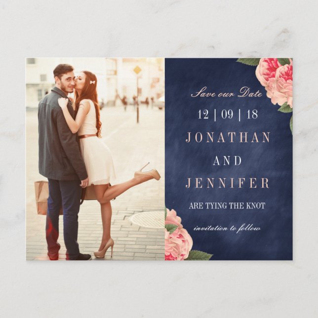 Navy and Coral Floral Save the Date Postcard (Front)