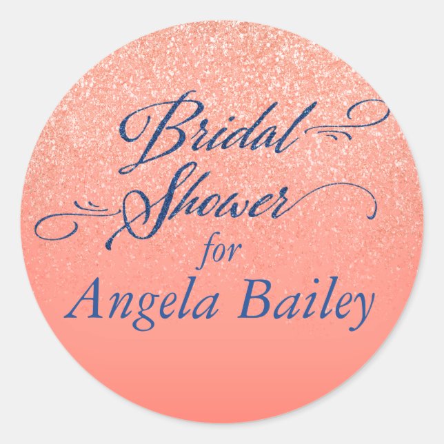 Navy and Coral Glitterati Bridal Shower Classic Round Sticker (Front)