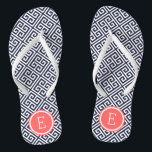 Navy and Coral Greek Key Monogram Thongs<br><div class="desc">Custom printed flip flop sandals with a stylish modern Greek key pattern and your custom monogram or other text in a circle frame. Click Customise It to change text fonts and colours or add your own images to create a unique one of a kind design!</div>