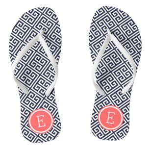 Navy and Coral Greek Key Monogram Thongs