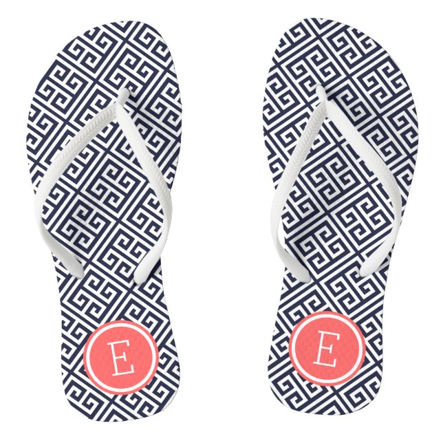 Navy and Coral Greek Key Monogram Thongs (Footbed)