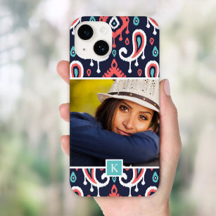 Navy and Coral Ikat Paisley Custom Photo Monogram Case-Mate iPhone 14 Case