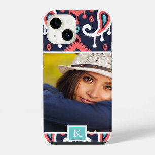 Navy and Coral Ikat Paisley Custom Photo Monogram iPhone 14 Case