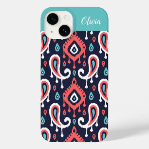 Navy and Coral Ikat Paisley Monogram Case-Mate iPhone 14 Case