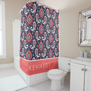 Navy and Coral Ikat Paisley Monogram Shower Curtain