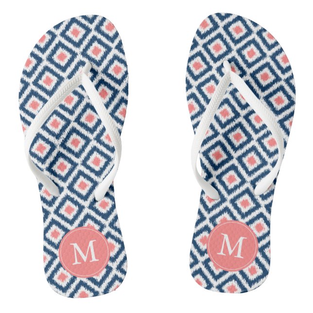 Navy and Coral Ikat Pattern Thongs (Footbed)