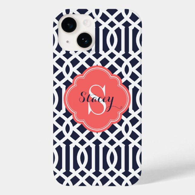 Navy and Coral Modern Trellis Monogram Case-Mate iPhone Case (Back)