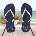 Navy and Coral Modern Wedding Monogram Thongs<br><div class="desc">Custom printed flip flop sandals personalised with a cute heart and your monogram initials and wedding date. Click Customise It to change text fonts and colours or add your own images to create a unique one of a kind design!</div>