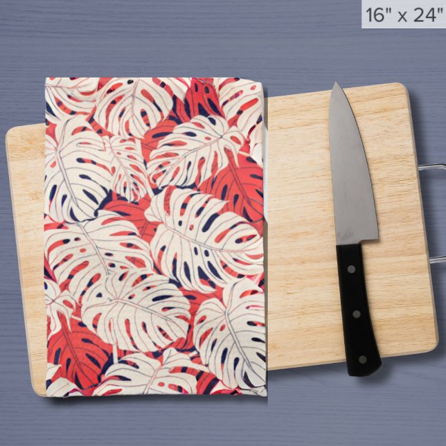 Navy and Coral Monstera Leaf Kitchen Towel (Creator Uploaded)