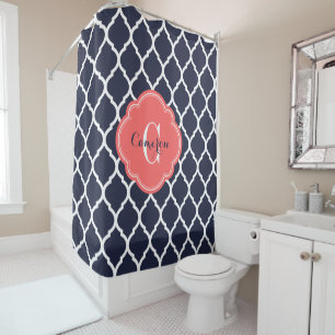Navy and Coral Moroccan Quatrefoil Monogram Shower Curtain