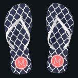 Navy and Coral Moroccan Quatrefoil Monogram Thongs<br><div class="desc">Custom printed flip flop sandals with a stylish Moroccan quatrefoil pattern and your custom monogram or other text in a circle frame. Click Customise It to change text fonts and colours or add your own images to create a unique one of a kind design!</div>