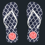 Navy and Coral Moroccan Quatrefoil Monogram Thongs<br><div class="desc">Custom printed flip flop sandals with a stylish Moroccan quatrefoil pattern and your custom monogram or other text in a circle frame. Click Customise It to change text fonts and colours or add your own images to create a unique one of a kind design!</div>
