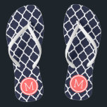 Navy and Coral Moroccan Quatrefoil Monogram Thongs<br><div class="desc">Custom printed flip flop sandals with a stylish Moroccan quatrefoil pattern and your custom monogram or other text in a circle frame. Click Customise It to change text fonts and colours or add your own images to create a unique one of a kind design!</div>