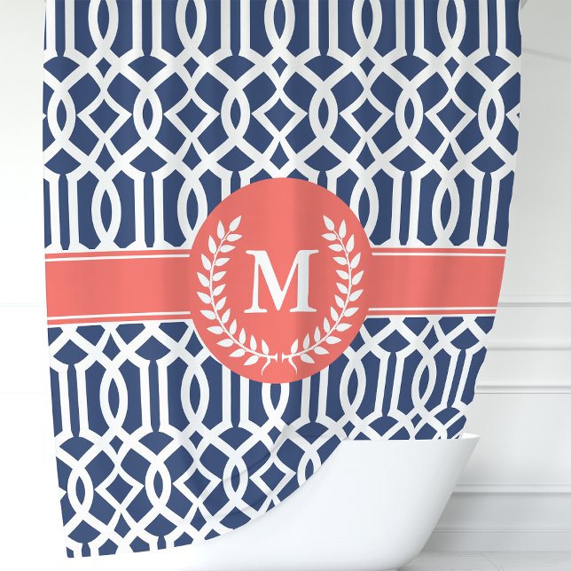 Navy and Coral Moroccan Trellis Monogram Shower Curtain (Creator Uploaded)