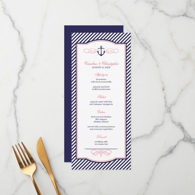 Navy and Coral Nautical Anchor Wedding Menu Card (Front/Back In Situ)