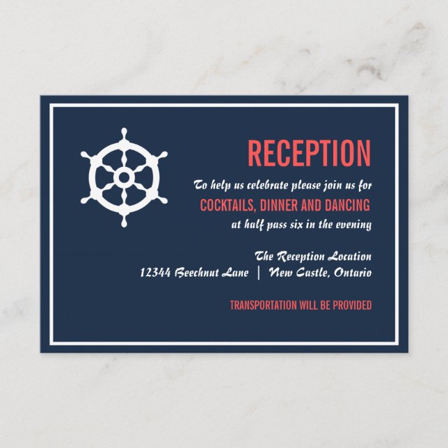 Navy and Coral Nautical Wedding Reception Card (Front)