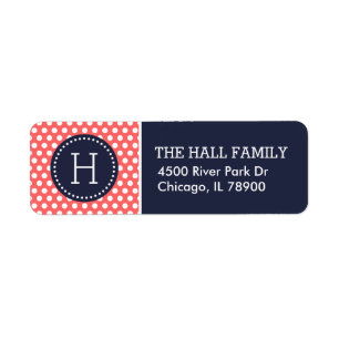 Navy and Coral Polka Dots Monogram Return Address Label