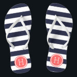 Navy and Coral Preppy Stripes Monogram Thongs<br><div class="desc">Custom printed flip flop sandals with a preppy nautical stripe pattern and your custom monogram or other text in a circle frame. Click Customise It to change text fonts and colours or add your own images to create a unique one of a kind design!</div>