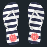 Navy and Coral Preppy Stripes Monogram Thongs<br><div class="desc">Custom printed flip flop sandals with a preppy nautical stripe pattern and your custom monogram or other text in a circle frame. Click Customise It to change text fonts and colours or add your own images to create a unique one of a kind design!</div>