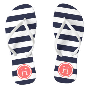 Navy and Coral Preppy Stripes Monogram Thongs