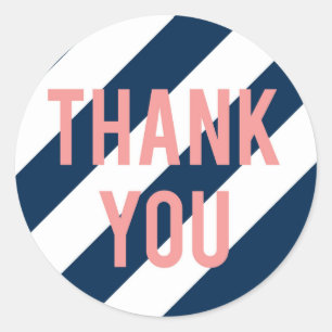 Navy and Coral Striped Thank You Stickers