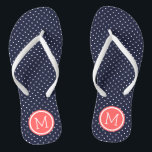 Navy and Coral Tiny Dots Monogram Thongs<br><div class="desc">Custom printed flip flop sandals with a cute girly polka dot pattern and your custom monogram or other text in a circle frame. Click Customise It to change text fonts and colours or add your own images to create a unique one of a kind design!</div>