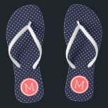 Navy and Coral Tiny Dots Monogram Thongs<br><div class="desc">Custom printed flip flop sandals with a cute girly polka dot pattern and your custom monogram or other text in a circle frame. Click Customise It to change text fonts and colours or add your own images to create a unique one of a kind design!</div>