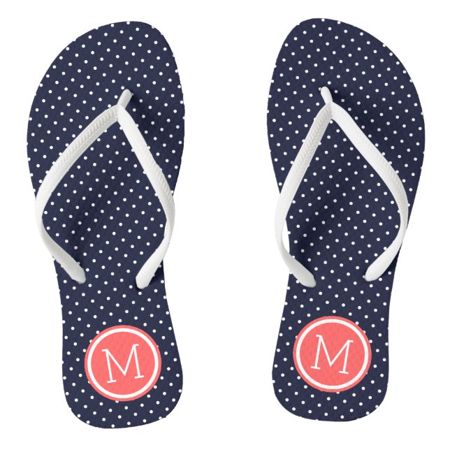 Navy and Coral Tiny Dots Monogram Thongs (Footbed)
