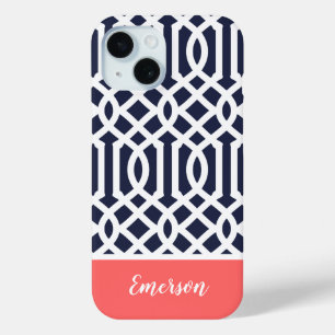 Navy and Coral Trellis Monogram iPhone 15 Case