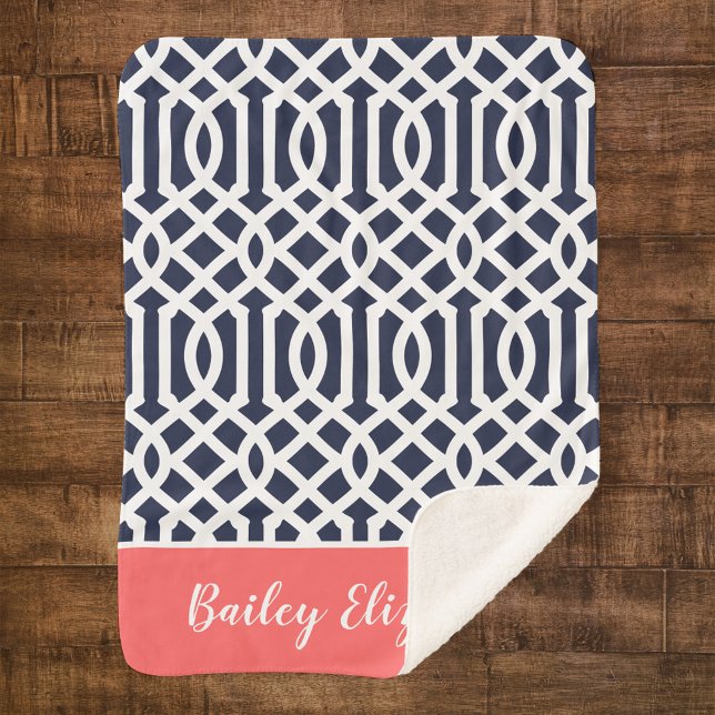 Navy and Coral Trellis Monogram | Editable Colours Sherpa Blanket (Creator Uploaded)