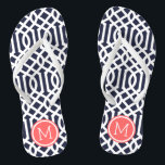 Navy and Coral Trellis Monogram Thongs<br><div class="desc">Custom printed flip flop sandals with a stylish modern trellis pattern and your custom monogram or other text in a circle frame. Click Customise It to change text fonts and colours or add your own images to create a unique one of a kind design!</div>