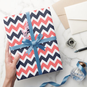 Navy and Coral Zigzag Chevron Stripes Wrapping Paper