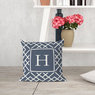 Navy and Cream Geometric Bamboo Lattice Monogram Cushion