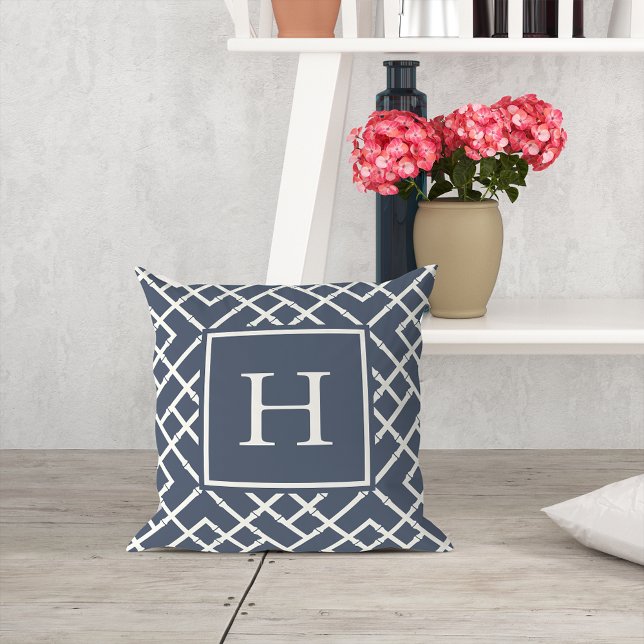 Navy and Cream Geometric Bamboo Lattice Monogram Cushion (Creator Uploaded)