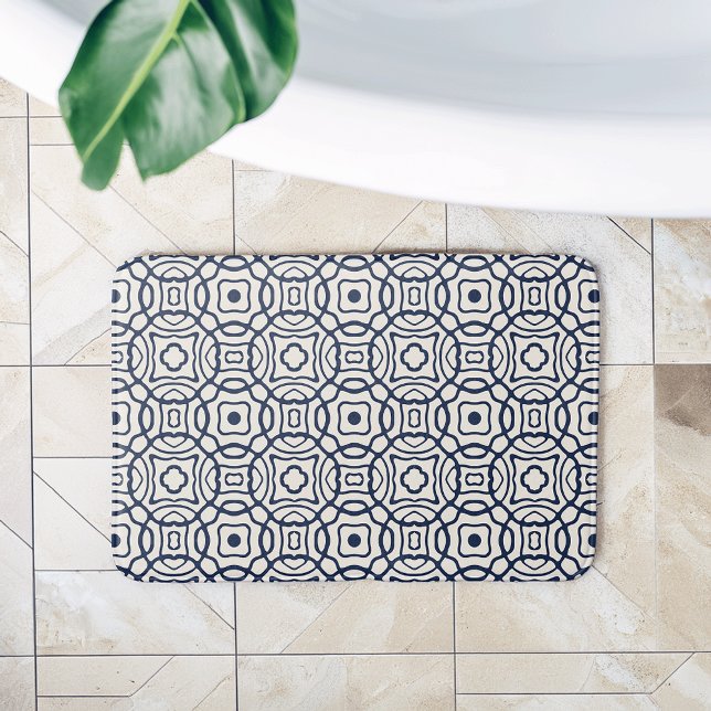 Navy and Cream Quatrefoil Block Print Pattern Bath Mat (Creator Uploaded)