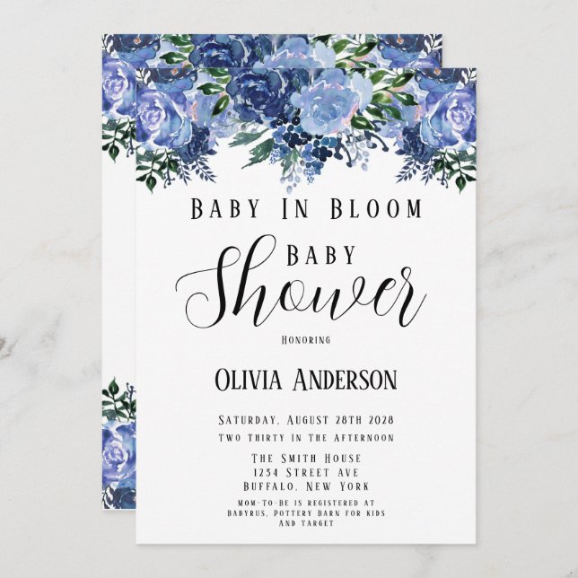 Navy and Dusty Blue Baby In Bloom Baby Shower Invitation (Front/Back)