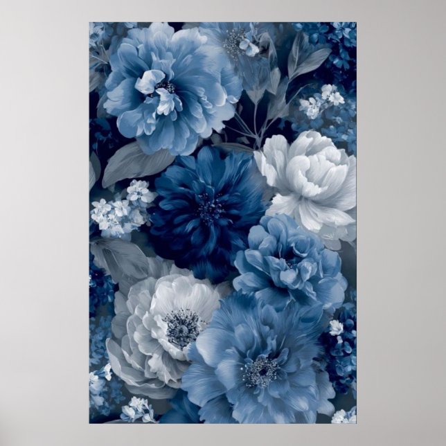 Navy and Dusty Blue Floral Art Poster 3 of 3 (Front)