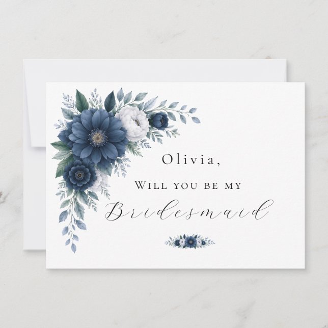  Navy and dusty Blue floral bridesmaid proposal  Card (Front)