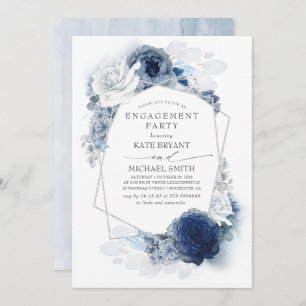 Navy and Dusty Blue Floral Silver Engagement Party Invitation